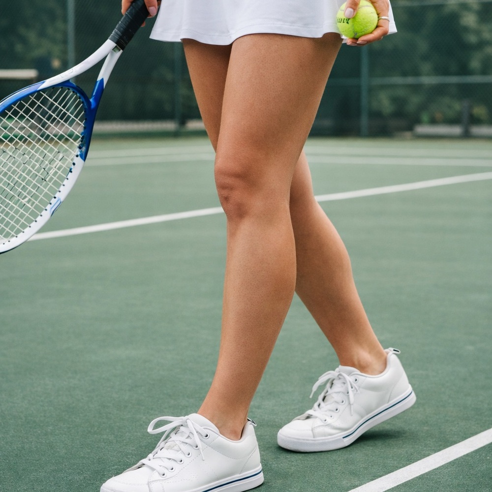Keds White Leather Low-Top Tennis Sneakers with Blue Racket Accent